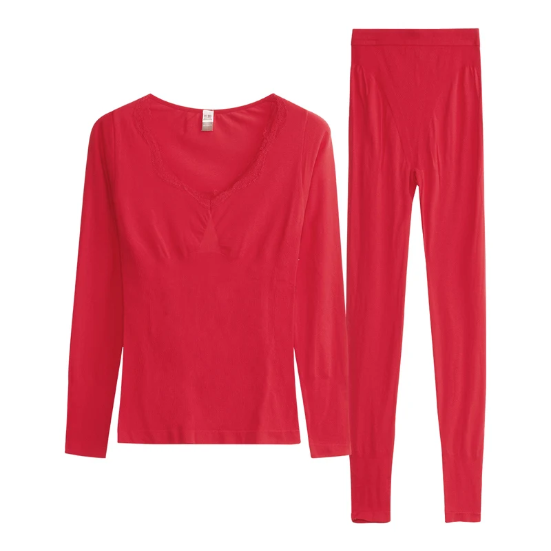 THREEGUN Для женщин пикантные комплект термобелья зима теплый, Облегающая посадка тела формочек упругой кальсоны женское термобелье костюм Roupa Termica - Цвет: Red