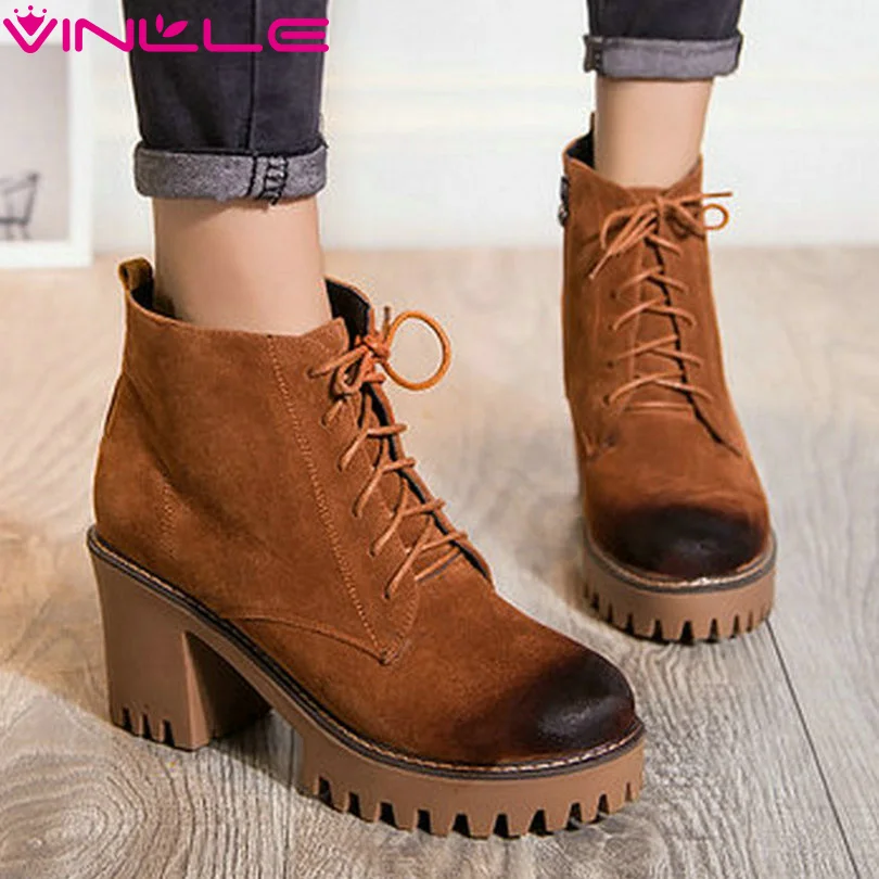 

VINLLE 2016 Women Snow Boots Fashion Shoes High Heel Ankle Boots Ladies Concise Autumn and Winter Square Heel Boots Size 33-43