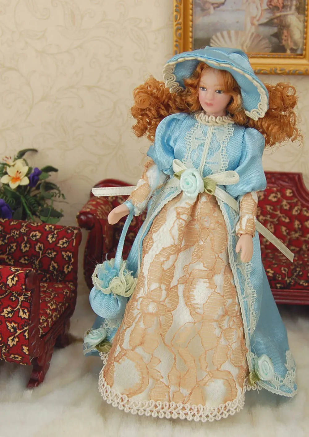 

6.7" 1:12 Doll house miniature Mini Dolls Brown hair Blue skirt Retro Lady