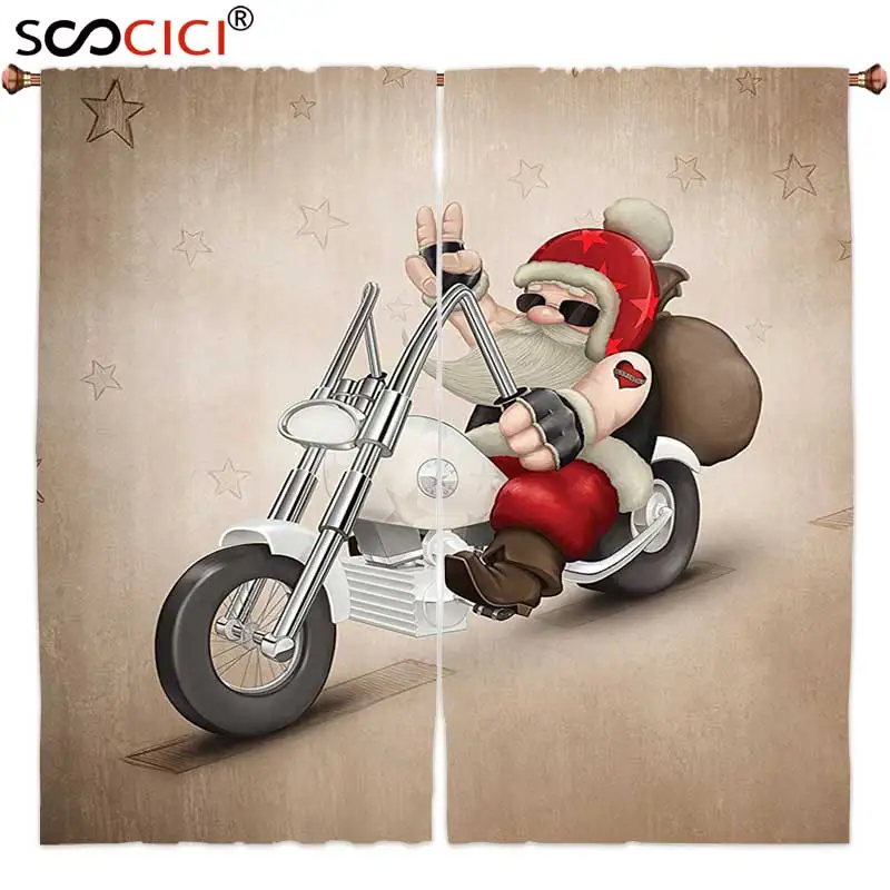 

Window Curtains Treatments 2 Panels,Christmas Decorations Rock Grunge Cool Santa with Heart Tattoo on Motorbike for Delivery