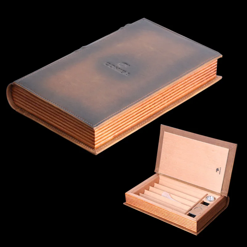 

Portable Travel Use Wooden Lining Leather Cigar Humidor Two Color For Choose