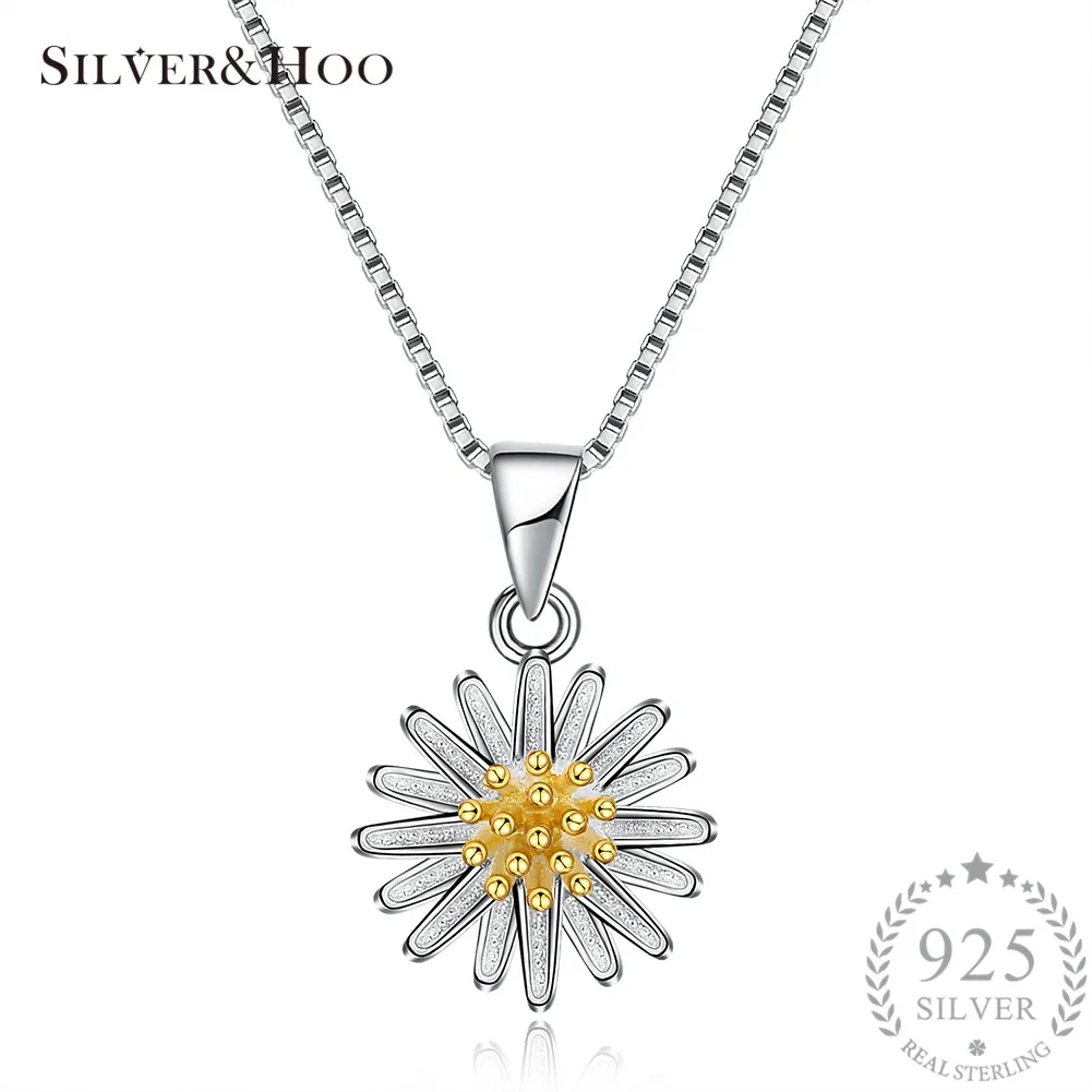 

SILVERHOO 100% 925 Sterling Silver Daisy Flower Pendant Necklace for Women Fine Jewelry Engagement Female Gifts