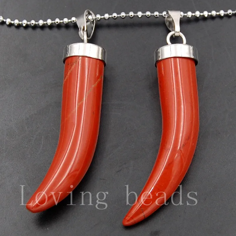 

8x34mm Natural Red River Stone Gem Stones Silver Pointed Healing Reiki Chakra Horn Tooth Spike Pendant Beads 10pcs/Lot