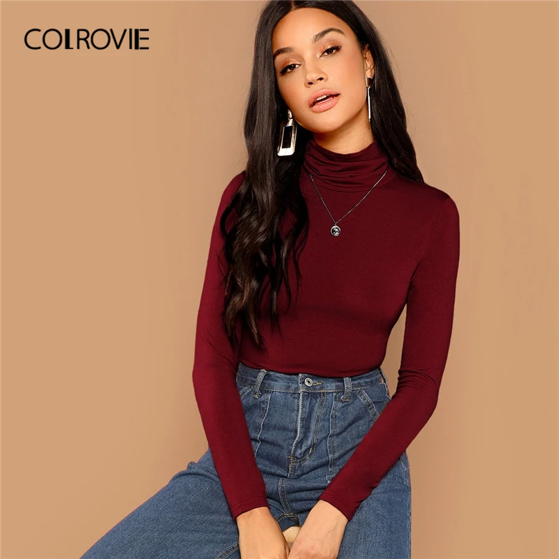 Женская однотонная водолазка COLROVIE повседневная облегающая Однотонная футболка