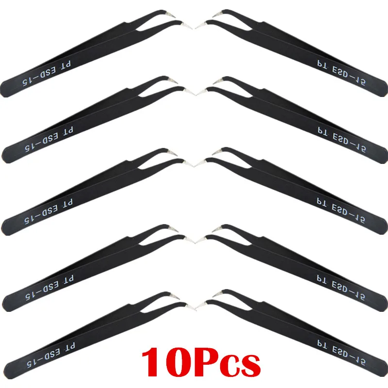 

10PCS ESD-15 Anti-static Curved Straight Tip Forceps Precision Soldering Tweezers Set Electronic ESD Tweezers Tool for VAPE RDA