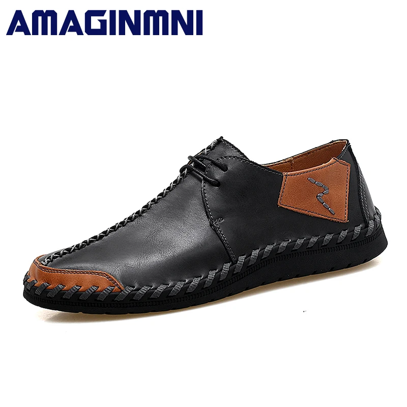 

AMAGINMNI Brand 2018 New Men Shoes Big Size 38-47 Mens Shoes Casual High Quality Split Leather Shoes Lace Up Man Flats Shoes