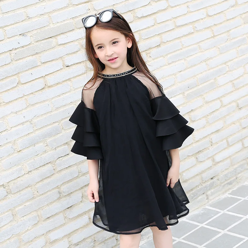 

Summer Children's Clothing Short-sleeved Dress Black In The Big Child Breathable Net Yarn Large Korean Version 2019 New Girls