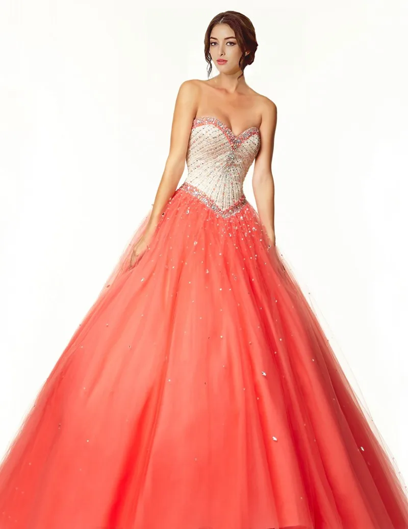 

Hot Sale 2018 New Sexy Tulle Pink Quinceanera Dresses Ball Gowns Sweetheart Appliques Beaded For 15 16 Years Custom Made