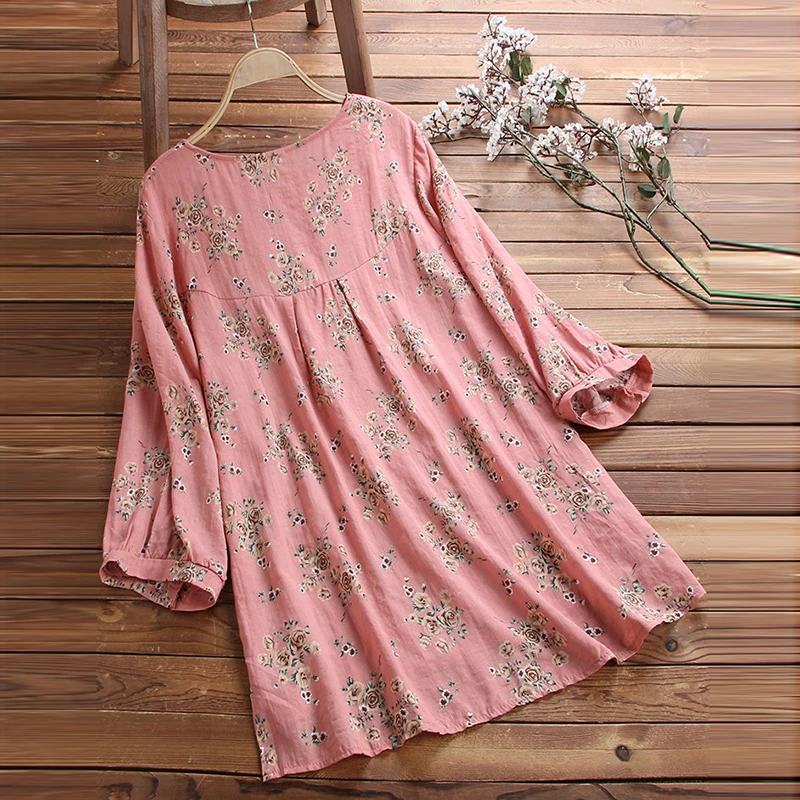 Hot Sale Beautiful Women Blouse Baggy Floral 3/4 Sleeve Shirt Ladies Summer Casual Street Daily Loose Tunic Tops Crew Neck S-5XL