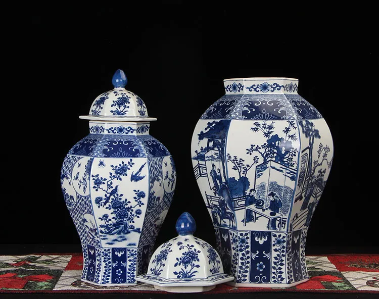 Jingdezhen temple jar porcelain ceramic decoration jar Chinese Antique ginger jar vase hexagon type blue and white (2)
