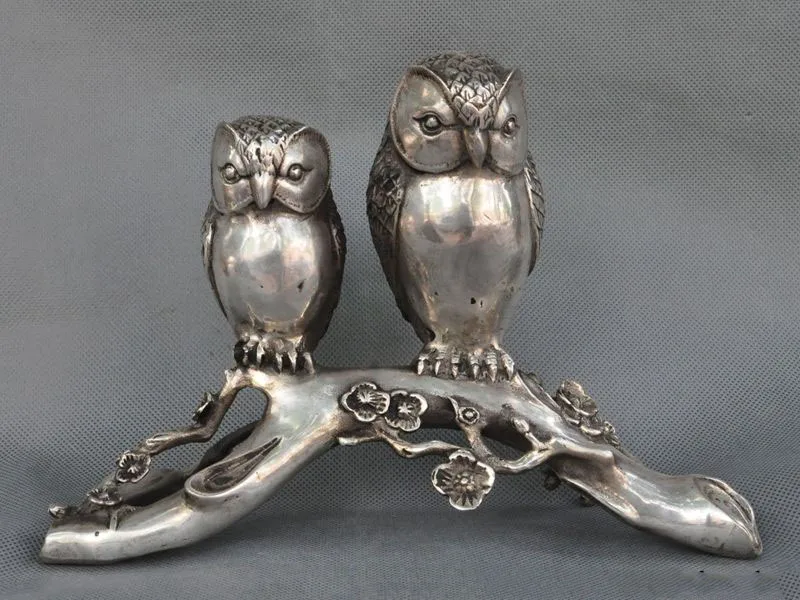 

wedding decoration 10"Old China Fengshui silver Auspicious Plum Blossom 2 Owl Night Owl bird Statue Christmas