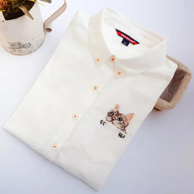 Размеры S M L XL рубашка в Оксфордском стиле с карманами вышивкой кота длинными