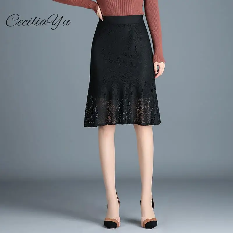 Ceciliayu Hollowed-out High-waist Buttock Fishtail Skirts Women Autumn And Winter 2019 New Skirt Female Lace Half-length Skirt