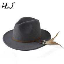 Новая модная шерстяная Унисекс Женская широкая шляпа с полями Fedora Для Laday Мужская шерстяная Панама с перьями повязка на голову джазовая шляпка для церкви