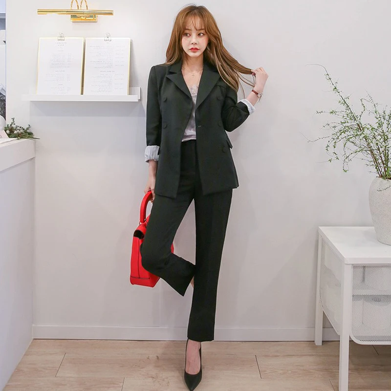 Women's suits 2019 spring new women's British wind double-breasted small suit jacket casual trousers two sets of interview suits