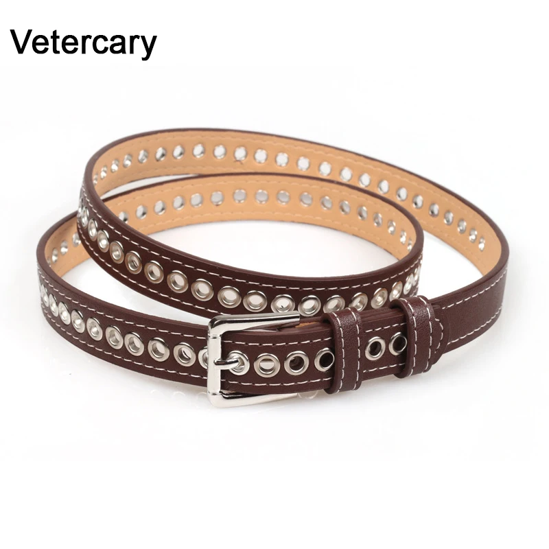 

New Women's belt jeans student black hollow rivets woman strap belt leather silver pin buckle red belts thin Feminine cinturon