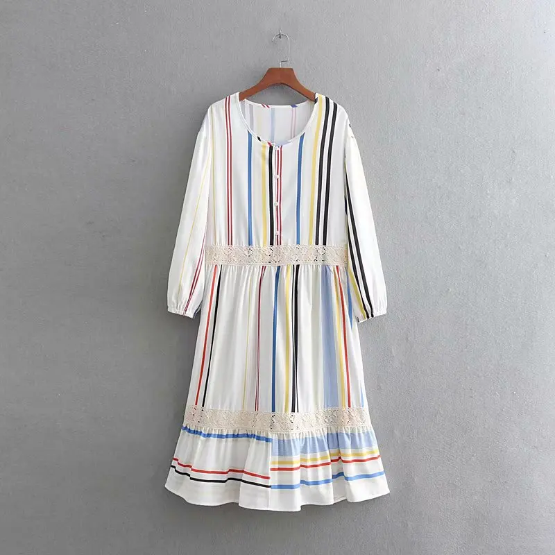 

2019 women vintage v neck striped print casual loose midi dress lantern sleeve lace patchwork vestidos chic ruffles dress DS2017