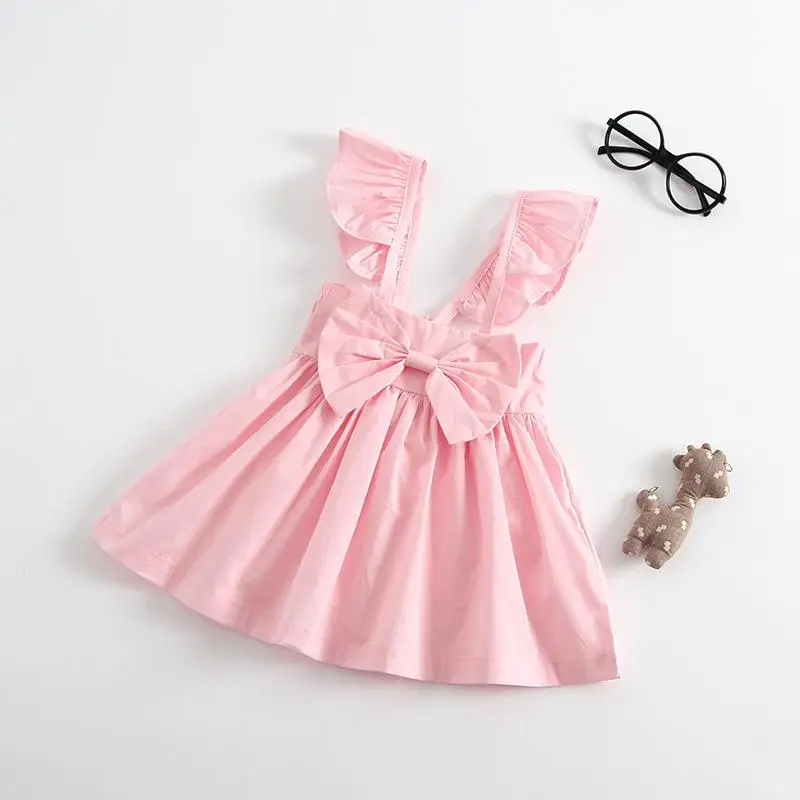 Kids Dresses For Girls European and American infant baby girl Tong Fei sleeve bow dress Girls Dresses For Party And Wedding - Цвет: Розовый