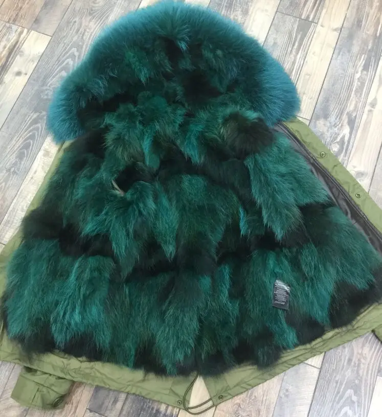 Зимняя женская куртка с подкладкой из натурального Лисьего меха,, женские пуховые пальто, армейский зеленый, черный, парка, большой воротник из натурального меха енота, DHL - Цвет: long Style 92cm