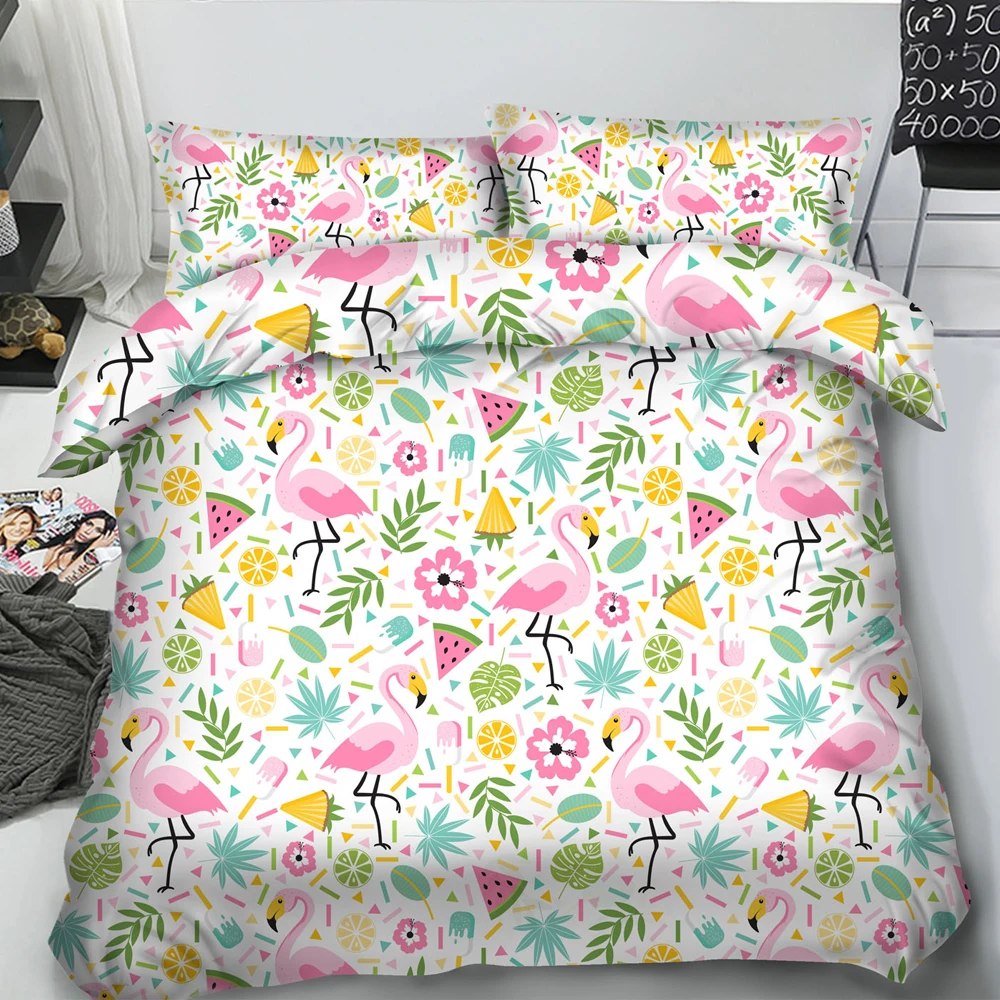 

Flamingo Duvet Cover Set Twin Size Flamingo Bird Tropical Flowers Fruits Pineapples Vintage Style Artwork, Decorative 3/4 Piece