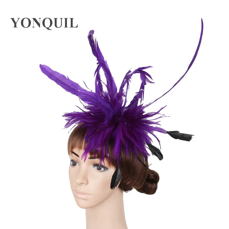 Элегантное платье для девочек перо шляпы преувеличенный для торжественного случая шляп Свадебные украшения для волос аксессуары, очаровательный фиолетовый разноцветные супер SYF41