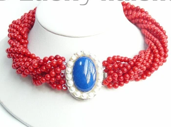 

Wonderful Lucky Jewelry AAA 10Stds natural red coral necklace lapis lazuli wide Factory wholesale price