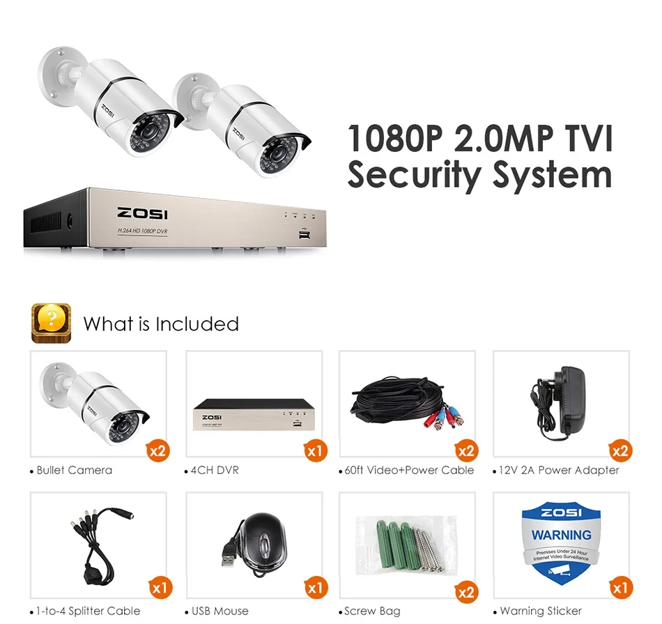 ZOSI 2CH домашняя система видеонаблюдения 4CH DVR комплект HD 1080P система видеонаблюдения 2шт 2MP камера наружного видеонаблюдения комплект домашней безопасности