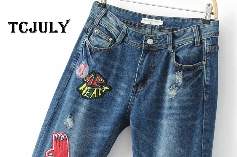 TCJULY весенние модные женские рваные джинсы промывают джинсы с вышивкой Женские бойфренды уличная Свободные повседневные лоскутные