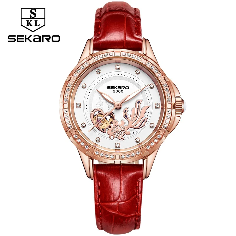 SEKARO керамические женские механические часы лучший бренд Роскошные женские блестящие платья скелет рыбы дизайнерские часы Relogio Feminino - Цвет: Red Belt