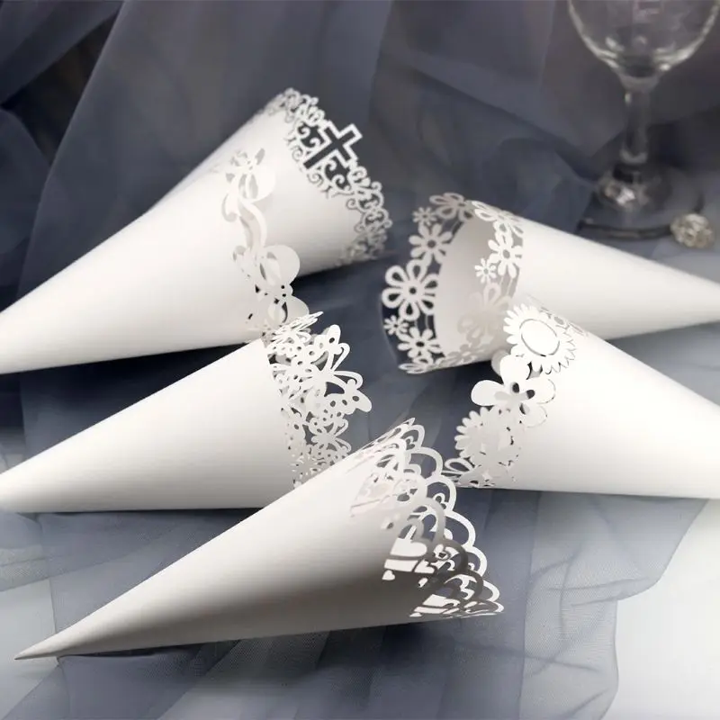 

50pcs Laser Cut Cross Lace Laying Candy Wedding Party Favors Confetti Cones Paper Cone Decoration Supplies Gift