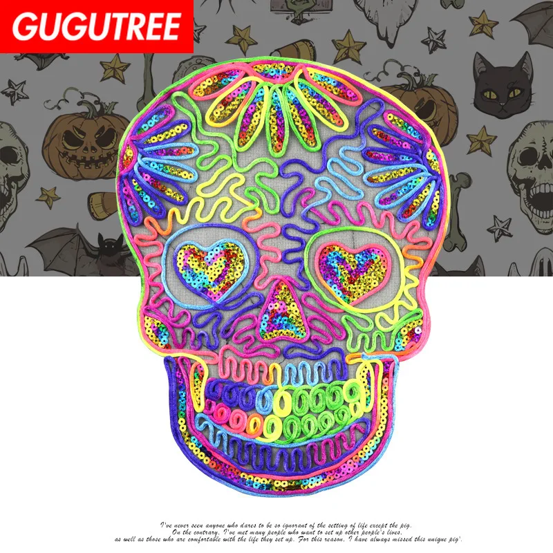

GUGUTREE Rope embroidery Sequins big skull patches love heart patches badges applique patches for clothing XC-47