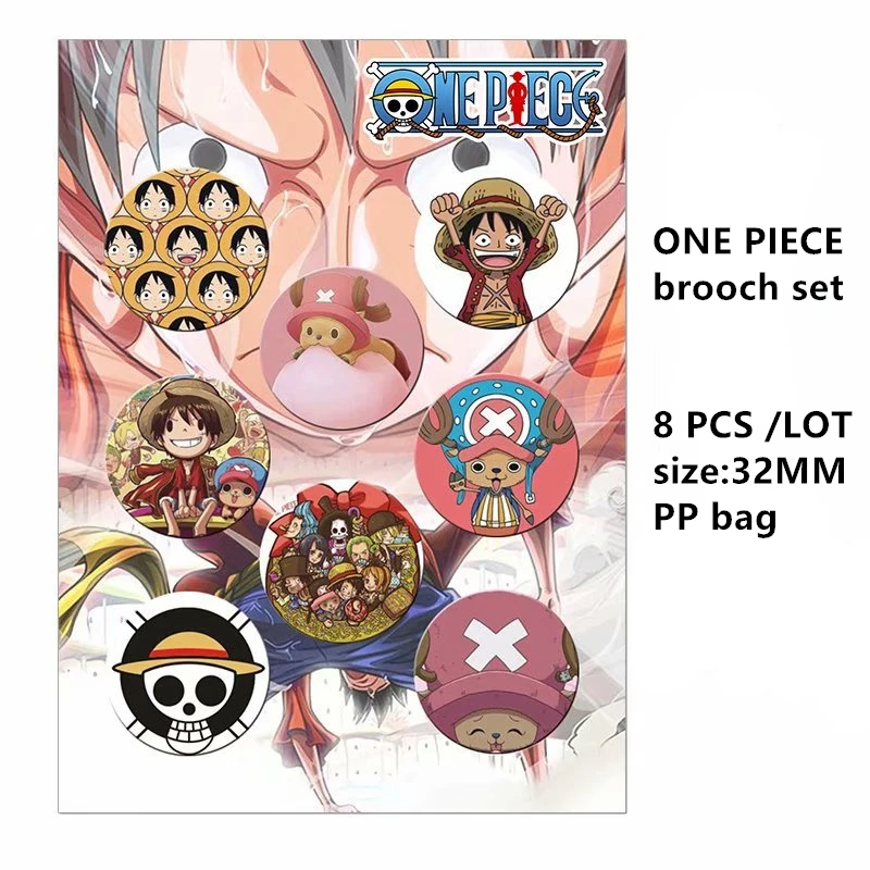 

8 PCS/LOT Anime ONE PIECE Brooch Badge Toy ONEPIECE LUFFY Chopper Model Doll Cosplay Pins 32MM