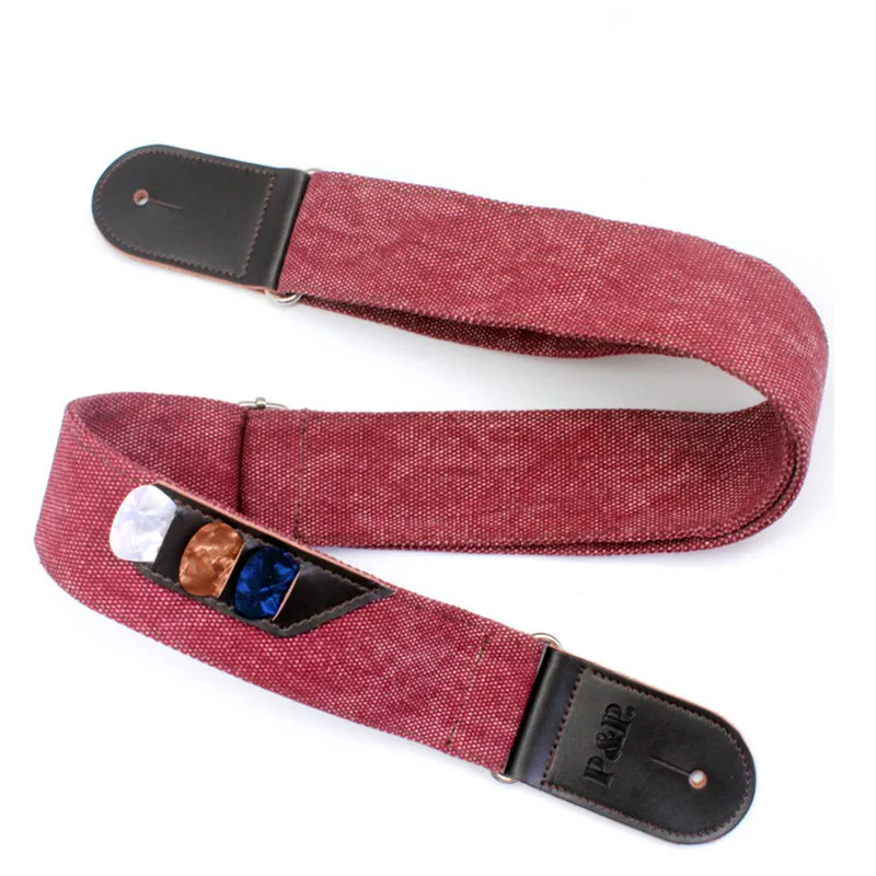 1Pcs P & P 가죽 데님 기타 스트랩 (픽 홀더 가방 포함) 베이스 어쿠스틱 일렉트릭 기타 액세서리 부품 용 길이 조절 가능
