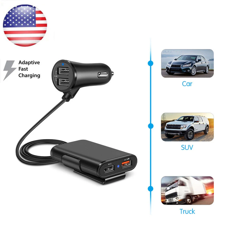 Powstro Fast Car Charge 3.0+2.4A+3.1A 4 USB Parts with 5.6ft Extension Cord Cable Mobile Charger Adapter for Back Seat Charge