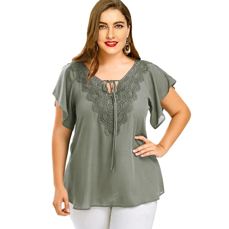 

Plus Size 5XL Women Blouse Shirt Sexy V-Neck Lace Up Shirt Blusas MujerFemale Casual Slim Petal Sleeve Tees Tops 8 Colors