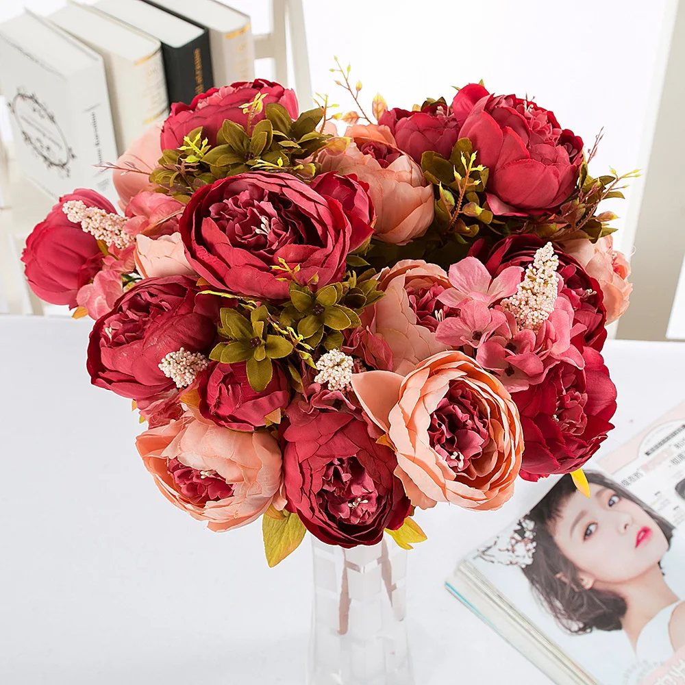 47cm Noble Silk Peony Artificial Flowers Bouquet 6pcs Large + 2pcs Buds Fake for Home Wedding Decoration | Дом и сад