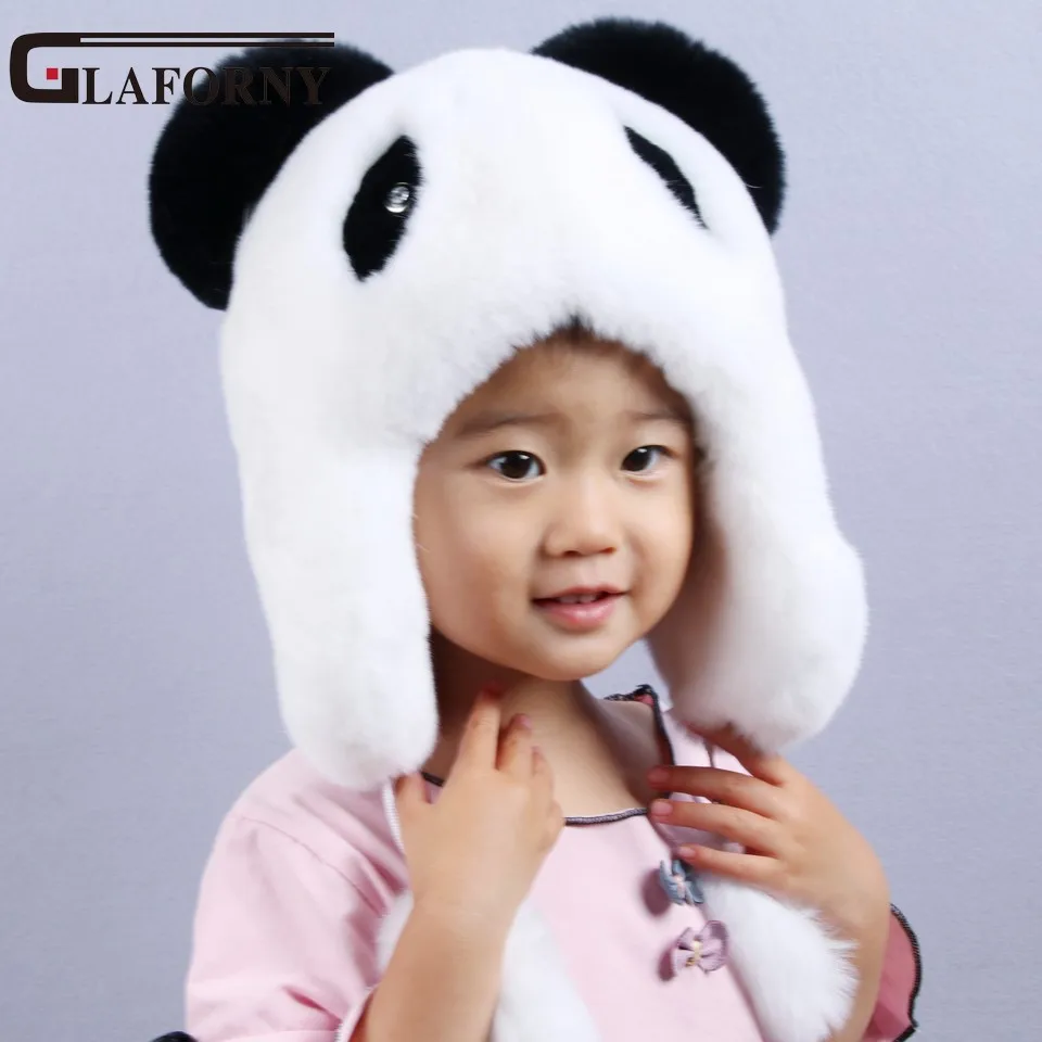 

Glaforny 2017 New Brand Panda Design Fur Hat Children Rex Rabbit Fur Cap Cute Hats Good Quality Real Rabbit Fur Bomber Hats