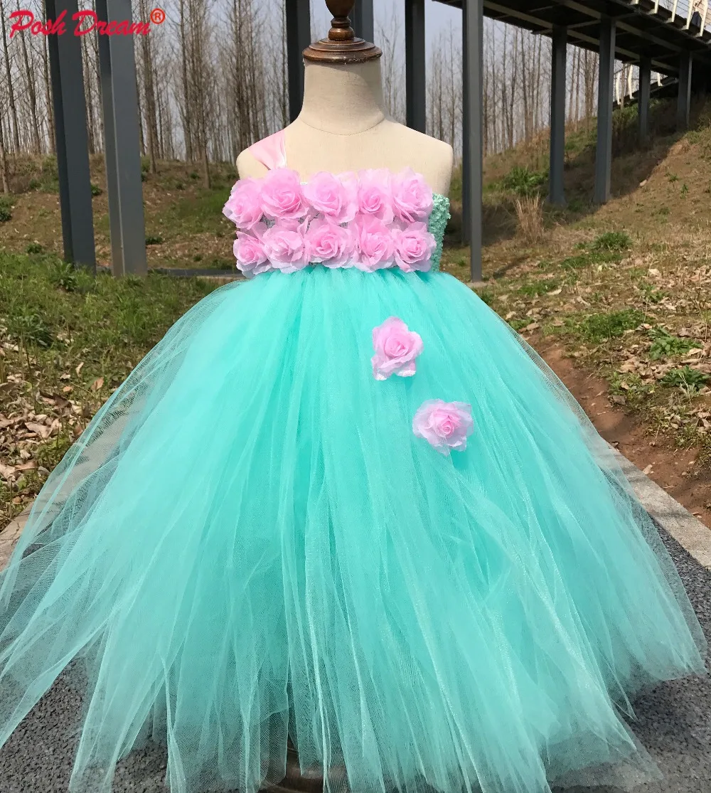 POSH DREAM Mint Green Pink Flower Children Kids Tutu Dresses for Party Girls Size 1 14 year