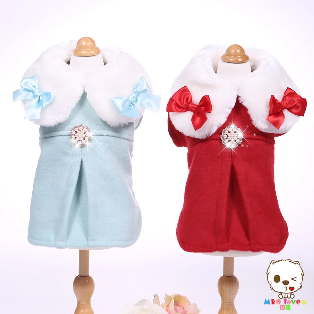 

Luxury Pet Dog Clothes Winter Wool Coat Fashion Woolen Overcoats Cat Clothing With Bows Pearl Detailing Red Blue