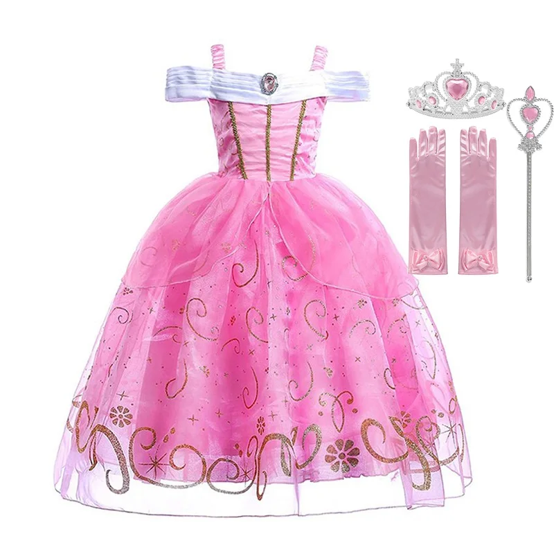 Костюм принцессы с открытыми плечами для девочек; одежда для сна с цветочным рисунком Авроры; нарядная одежда; детская одежда на Хэллоуин