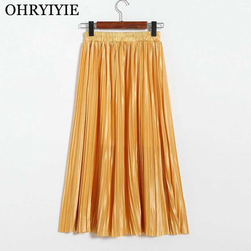 OHRYIYIE осень зима блестящие плиссированные юбки женские Мода Высокая талия сплошной цвет Mid-удлиненная юбка Женский Saias Faldas SK1202