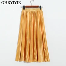 OHRYIYIE осень зима блестящие плиссированные юбки женские Мода Высокая талия сплошной цвет Mid-удлиненная юбка Женский Saias Faldas SK1202