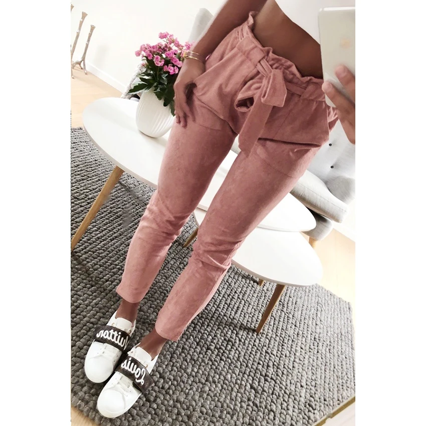 Fashion women suede pants ladies Leather bottoms female trouser Casual Red wine pencil pants high waist trousers