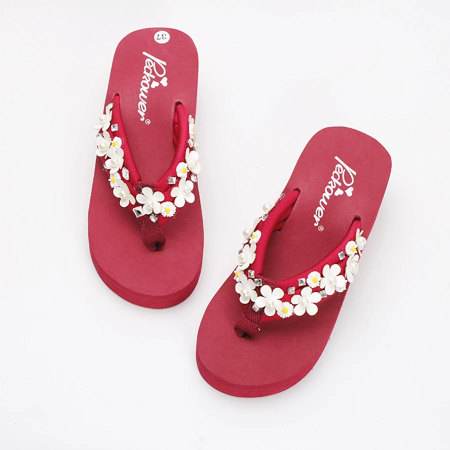

New Diy Handmade Pu leather Sun Flowers 6cm Slippers Women Fashion Platform High Heel Beach Flip Flops Sandals Terlik Mujer