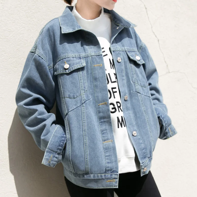 

2018 Spring Denim Jacket For Women Long Sleeve Turn Down Collar Loose Jeans Jacket Ladies Basic Coats