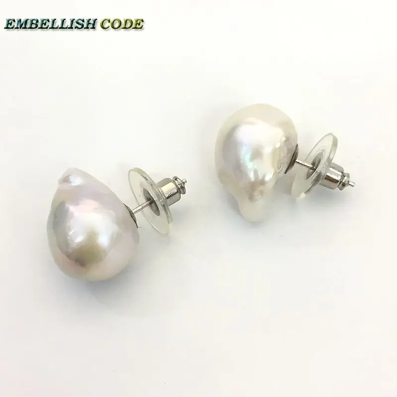 Baroque Pearl Stud Earrings White Lustrous Tissue Nucleated Style Fire Ball Pear Shape Natural Freshwater Special