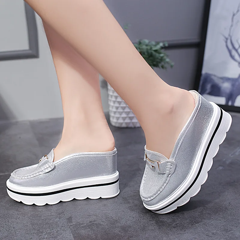 E TOY WORD 2019 Woman mules shoes slippers White metal buckle design women slippers Baotou Platform Shoes Wedges Slipper