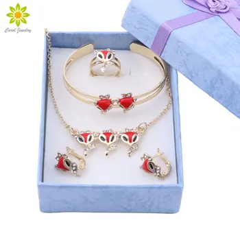 

Gold Color Lovely Fox Pendant Necklace Earrings Bracelet Ring Children Birthday Party Baby Gift Kid Jewelry Set with Gift Boxes