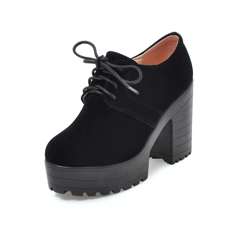 BONJOMARISA/женские туфли на высоком квадратном каблуке в кероанском стиле женские туфли-лодочки на платформе со шнуровкой и круглым носком Большие размеры 34-43 - Цвет: Черный