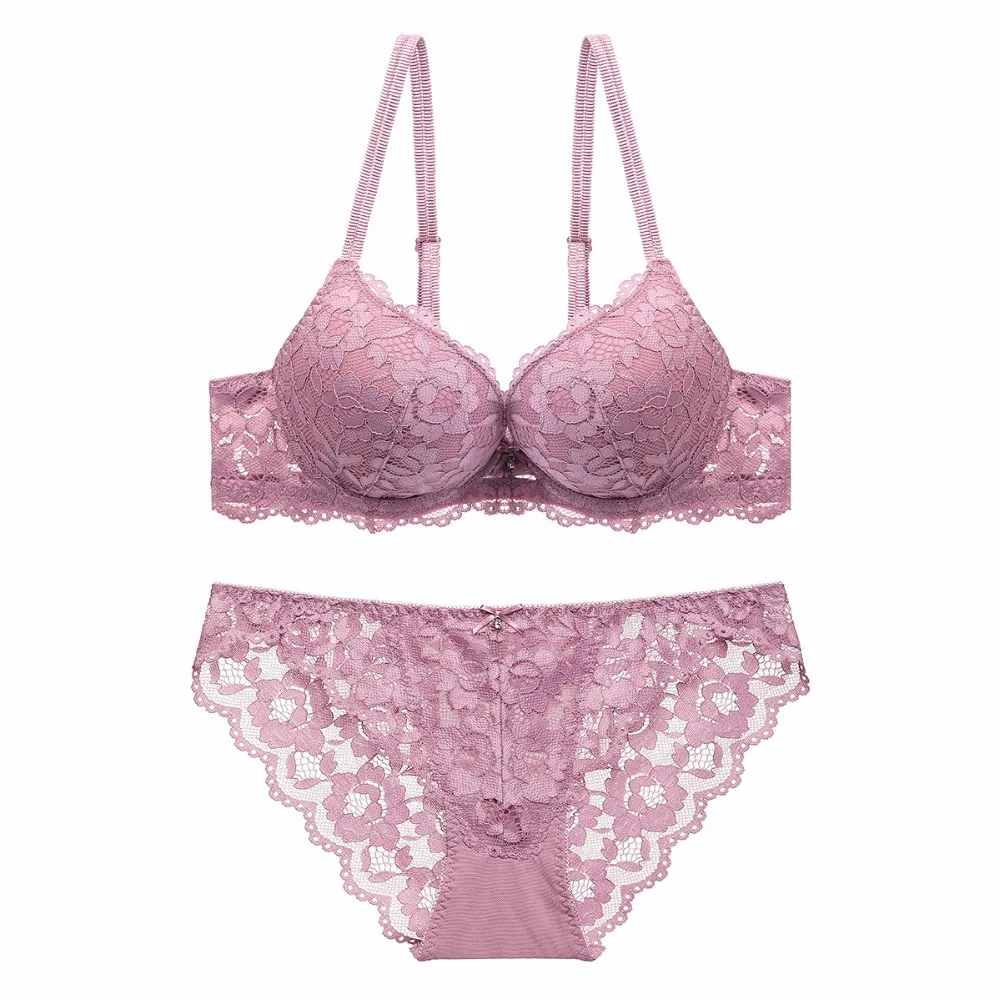 

Sexy lace embroidery flowers thin thick double shoulder strap bra set deep V-neck thickening women's push up underwear